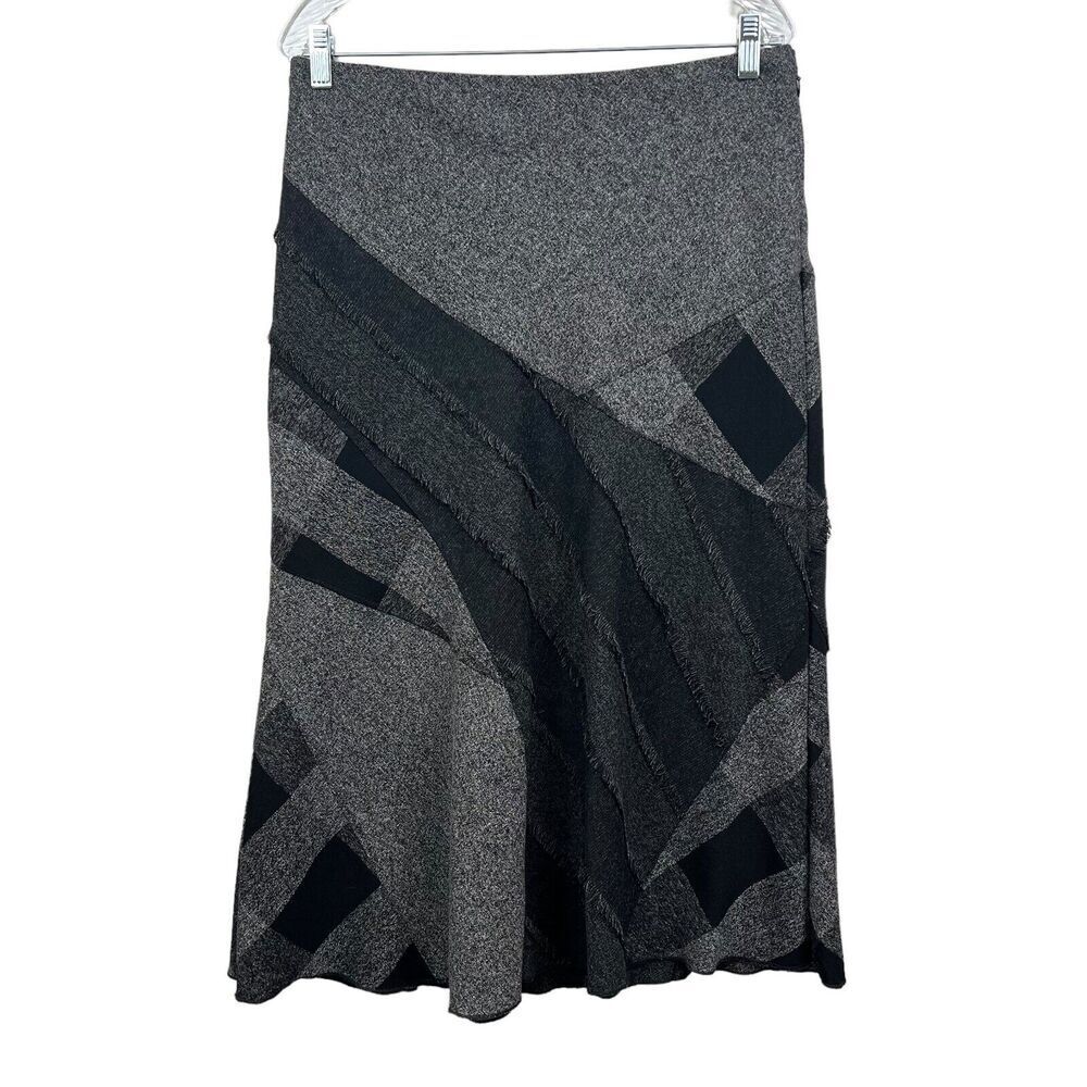 Richards Malcolm Midi Skirt Flared Hem Fringe Trim Panel Gray Black Women Sz 6*